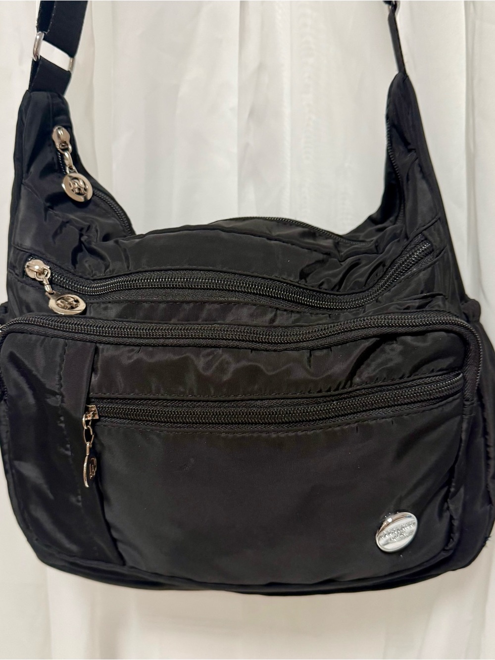 Women’s Black Nylon Crossbody Bag with Front Zip Pocket
